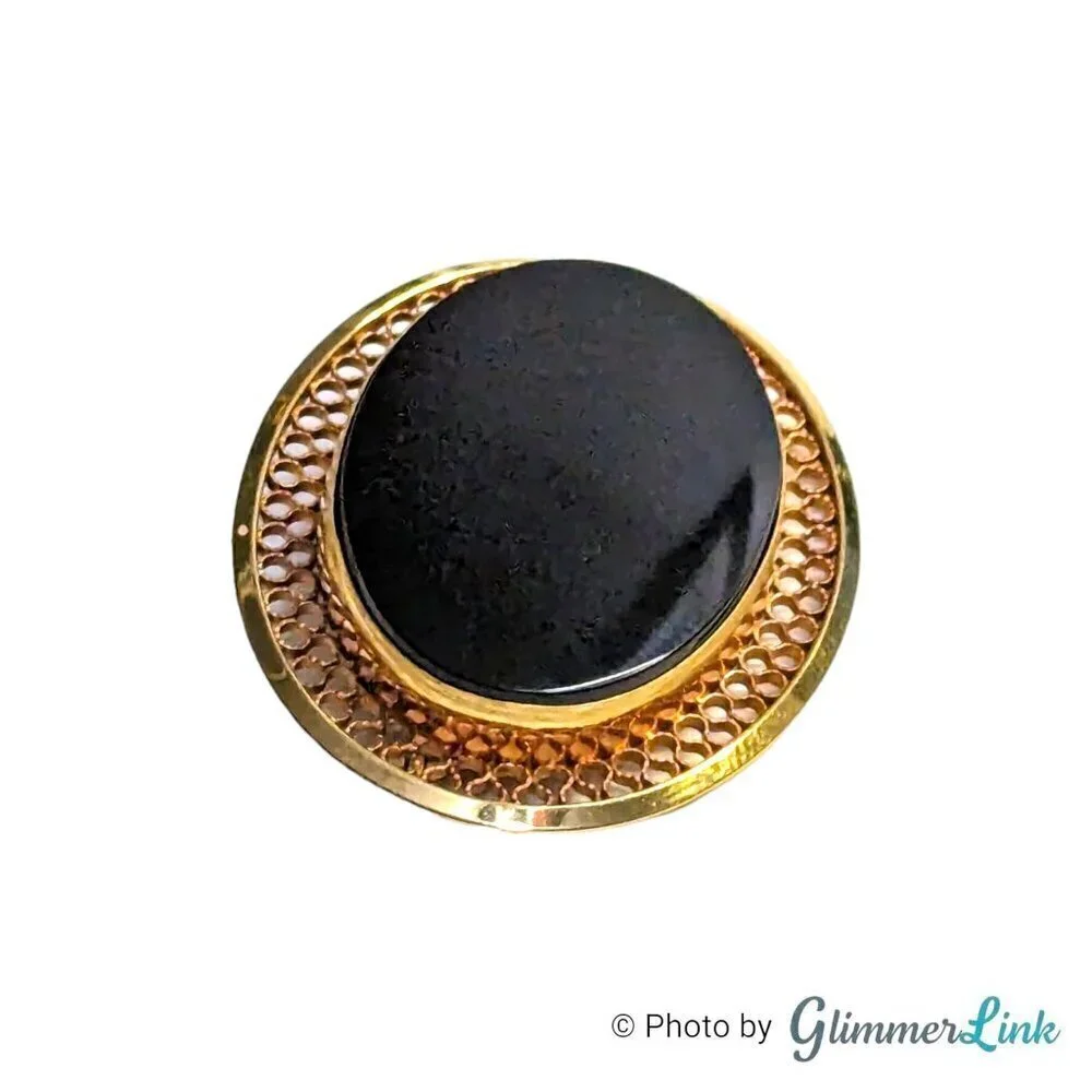 Vintage Danecraft 12KT Gold Filled Onyx Oval Filigree Brooch Pin
